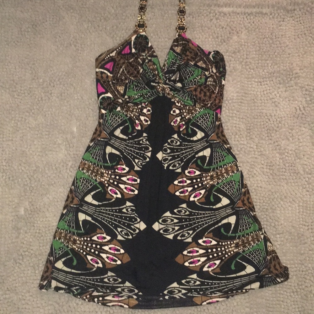 Sky Print Dress with Jeweled Aceents